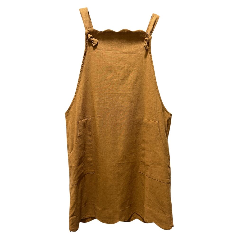 🆕Monteau Mustard Scalloped Pinafore Dress Size Large Sleeveless Linen‑Look Mini